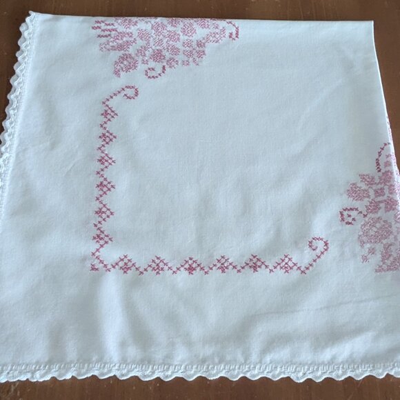 Vintage White Tablecloth with Pink Floral Cross-Stitch Flowers - Picture 1 of 5